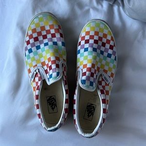 Rainbow Checkered slip on Vans.